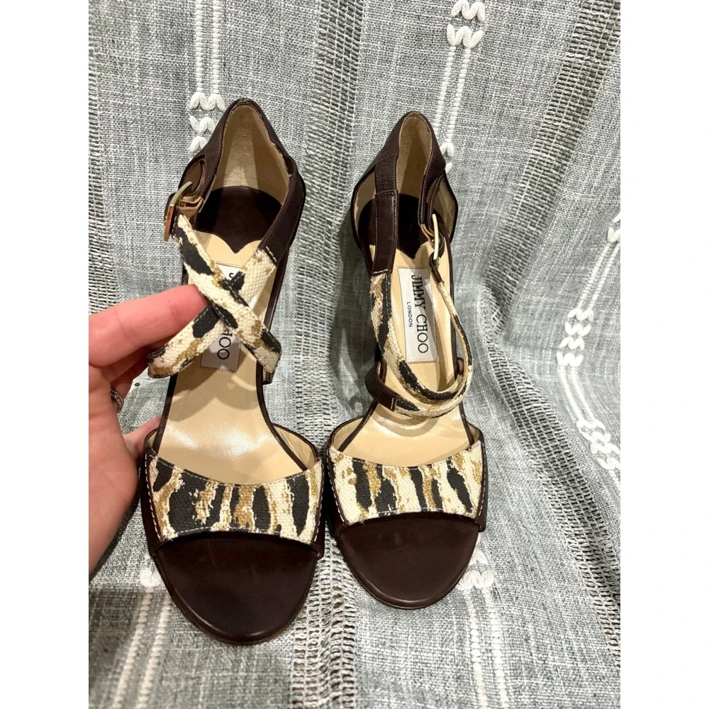 Jimmy Choo London Made in Italy Leather & Leopard Canvas Peep Toe Heels Size 38